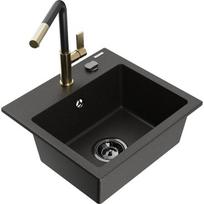 Vienguba granitinė plautuvė Mexen Milo su virtuvės maišytuvu Flora, Juoda/Auksinis metallic - 6505-75-670401-57-B