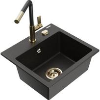 Vienguba granitinė plautuvė Mexen Milo su virtuvės maišytuvu Flora, Juoda/Auksinis metallic - 6505-75-670401-57-G