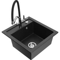 Vienguba granitinė plautuvė Mexen Vito su virtuvės maišytuvu Duo, Juoda/Sidabrinis metallic - 6503-73-671701-07