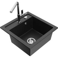 Vienguba granitinė plautuvė Mexen Vito su virtuvės maišytuvu Flora, Juoda/Sidabrinis metallic - 6503-73-670401-00