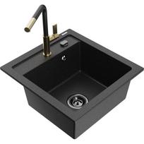 Vienguba granitinė plautuvė Mexen Vito su virtuvės maišytuvu Flora, Juoda/Sidabrinis metallic - 6503-73-670401-57-B