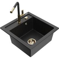 Vienguba granitinė plautuvė Mexen Vito su virtuvės maišytuvu Flora, Juoda/Sidabrinis metallic - 6503-73-670401-57-G