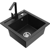 Vienguba granitinė plautuvė Mexen Vito su virtuvės maišytuvu Rita, Juoda/Sidabrinis metallic - 6503-73-670300-70