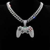 Stylish gold game controller pendant necklace with colored gemstones - men's hip Hop inspired Cuban chain, perfect for music festivals, EDM and more 50cm/20 inches