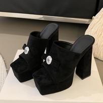 Liyke Summer Black Chunky Platform Shoes Women Sexy Party Stripper Thick High Heels Slippers Woman Metal Buckle Designer Sandals 35