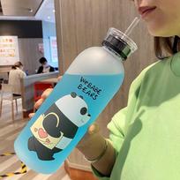 1000ml Kawaii Cutest Water Bottle Panda Bear Frosted Glasses with Lid and Straw Cartoon Bottle Leak-Proof Drinks Protein Shaker