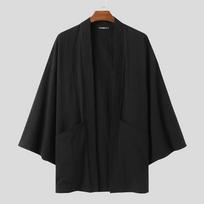 INCERUN vyriški japoniški kimono palaidi šoninių rankovių priekiniai atviri kardigano pončiniai paltai S juoda