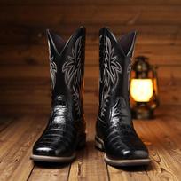 Mens Boots Cowboy Boots Imitation Crocodile Pattern High Tube Embroidered Retro Wide Head Western Cowboy Boots Mens Shoes 38 juoda