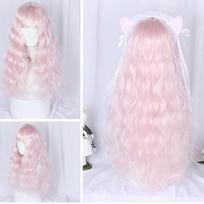 Ilgas garbanotas rožinis sintetinis perukas su kirpčiukais natūraliais plaukais moterims Lolita Mieli Cosplay perukai, atsparūs karščiui šviesiai rausvos spalvos