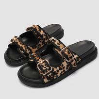 Vasarinės moteriškos šlepetės-sandalai su leopardo rašto sagtimi, plokščiu padu, apvaliu priekiu, storapadės, kasdienės klumpės, moteriški paplūdimio batai, didelis dydis 43 35