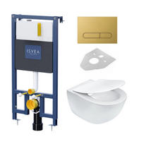Potinkinis pakabinamo wc komplektas rėmas ISVEA DUREZZA  aukso spalvos klavišu ir klozetas Peonia su RIMLESS technologija, su SLIM lėtaeigiu dangčiu