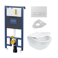 Potinkinis pakabinamo wc komplektas rėmas ISVEA DUREZZA  baltos spalvos klavišu ir klozetas Peonia su RIMLESS technologija, su SLIM lėtaeigiu dangčiu