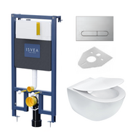 Potinkinis pakabinamo wc komplektas rėmas ISVEA DUREZZA  chromo spalvos klavišu ir klozetas Peonia su RIMLESS technologija, su SLIM lėtaeigiu dangčiu