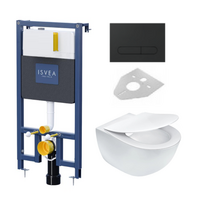 Potinkinis pakabinamo wc komplektas rėmas ISVEA DUREZZA  juodos matinės spalvos klavišu ir klozetas Peonia su RIMLESS technologija, su SLIM lėtaeigiu dangčiu