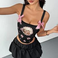 Street Sexy Straps, Halter Suspenders, Hot Girls, Fishbone Print Waist, European And American Style Vest L juoda