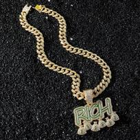 Letter RICH Full Diamond Cuban Chain, Hip Hop Personality Money Bag Pendant Necklace Men's Chain