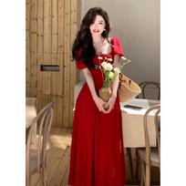 2024 Summer Women's Plus Size Red Retro Square Collar Long Dress L raudona