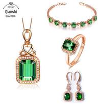 Emerald Ring, Clover Bracelet, Tourmaline Necklace, Retro Earrings Jewelry Set for Women Ring