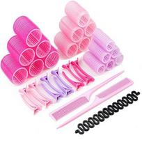 Yousheng 1 Set Heatless Hair Roller with Clips Combs Drag Prevent Natural Effect Self-adhesive Bouncy DIY Hair Styles Self-holding Hair Roller Set rožinė raudona spalva