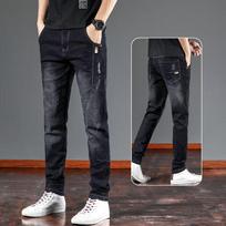 Vyriškos vasarinės slim tiesaus kirpimo tamprios džinsinės kelnės - Korėjietiško stiliaus madingos laisvalaikio ilgos kelnės Size 31 juoda