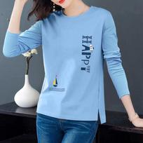 100% Cotton Spring Korean Printed Women's Long Sleeve Slim Fit T-Shirt with Round Neck and Split Hem M balta