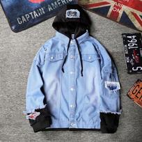 Men's Trendy Korean-Style Denim Jacket with Hood and Patches 3XL juoda
