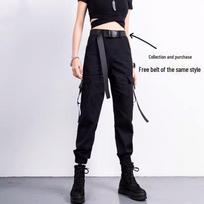 Women's Spring High-Waist Black Straight-Leg Cuffed Harem Pants M