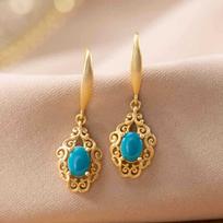 Classic Pastoral style cut-out pattern exquisite oval turquoise earings for women engagement jewelry Cheongsam accessories