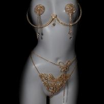 Light luxury butterfly sexy rhinestone chest support waist chain underpants four piece set nightclub charm women's body chain gray