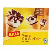 Valgomieji vanilės ir šokolado skonio ledai BILLA vafliniame ragelyje, 6x120 ml