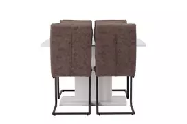 Valgomojo stalas Plutonas 120/160*90- Baltas / MDF stiklas + Zizo valgomojo kėdė - Juoda / Ruda Mikropluošto audinys _4