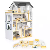 Lėlių namelis Ecotoys su 17 medinių baldų komplektu