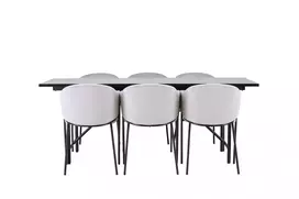 Valgomojo stalas Astrid, 200x75cm, Juoda + 6 kėdės Evelina, Juoda/Šviesi pilka