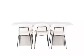 Valgomojo stalas Olga 200x75cm, Balta+6 kėdės Chico, Juoda/Balta Boucle