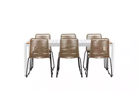 Togas - Valgomojo stalas - Baltas / Tikmedis - Allu / Tikas - 200*100 _1+ Lindos Stacking Chair - Black Alu / Latte Rope _6