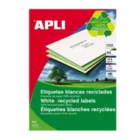 Lipnios etiketės APLI, 210 x 297 mm, A4, perdirbti, 1 lipdukai lape, 100 lapų, balta, pak.