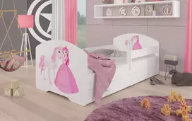 Lova su čiužiniu, turėklais ir stalčiais PEPE Princesė ir arkliukas 140x70