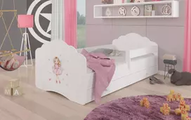 Lova su čiužiniu, turėklais ir stalčiais CASIMO Mergaitė su sparneliais 160x80