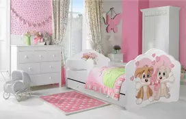 Lova su čiužiniu, turėklais ir stalčiais CASIMO TWO Šuniukas 140x70