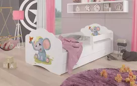 Lova su čiužiniu, turėklais ir stalčiais CASIMO Dramblys 140x70
