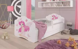 Lova su čiužiniu, turėklais ir stalčiais CASIMO Mergaitė su sparneliais 160x80