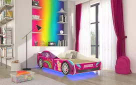 Lova su čiužiniu ir LED apšvietimu CAR PINK 160x80