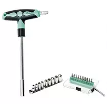 Universalus T formos įrankis su keičiamais atsuktuvų atsuktuvų antgaliais ir raktų galvutėmis, SD-9701M Pro'sKit