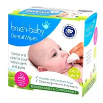 BRUSH BABY_Dantų servetėlės su ksilitoliu dantenoms ir pieniniams dantukams valyti 0-16m 28vnt.