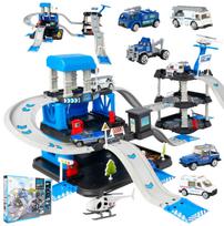 Žaislinė trasa - parkavimo komplektas + 6 metaliniai automobiliai ir sraigtasparnis