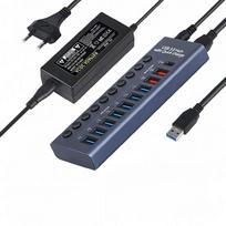 USB 3.0 šakotuvas lizdas jungiklis 10 prievadų koncentratorius daugiašakis daugiaportis dokas įkroviklis kelios maitinimo šaltinio tipas C EU Plug mėlyna