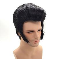 Aukštos kokybės vyriškas roko dainininkų Presley Cosplay perukas vakarėliui, superžvaigždės karščiui atsparus juodas sintetinis vakarėlio plaukų perukas + peruko kepuraitė One Size