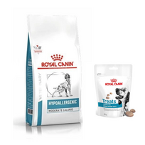 ROYAL CANIN Hypoallergenic Moderate Calorie HME23 14kg + Royal Canin Hypoallergenic Treats skanėstai šunims 230g