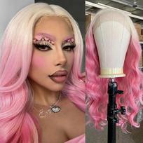 Nuo blondinės iki rožinės spalvos Ombre rožinis perukas kūno banguotas sintetinis nėrinių priekinis perukas Natūralūs ilgi plaukai, šilumos pluošto Cosplay makiažas moterims 18inches-Lace Front-150%