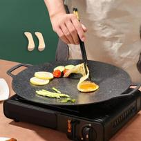 Korėjietiška BBQ keptuvė su rankenomis apsaugančiomis nuo nudegimo, tinkama indukcinei kaitlentei, lauko kepimui, blynams, žygiams 28cm beige